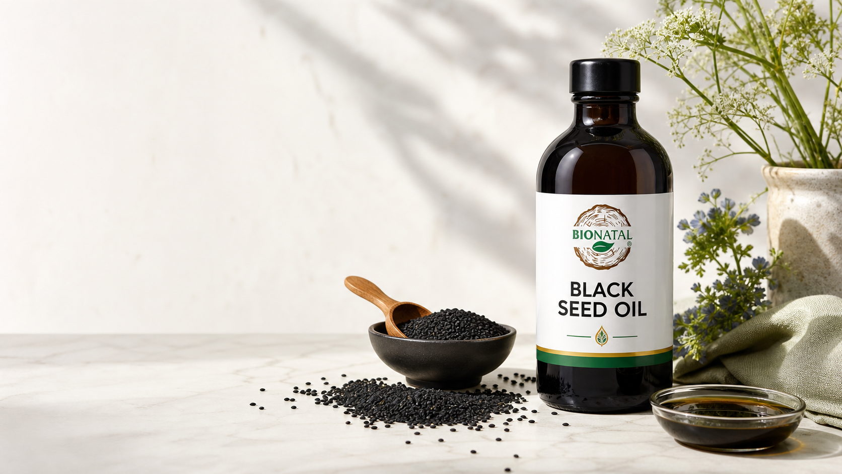 BioNatal 5 oz Ethiopian black seed oil bottle with black seeds and oil