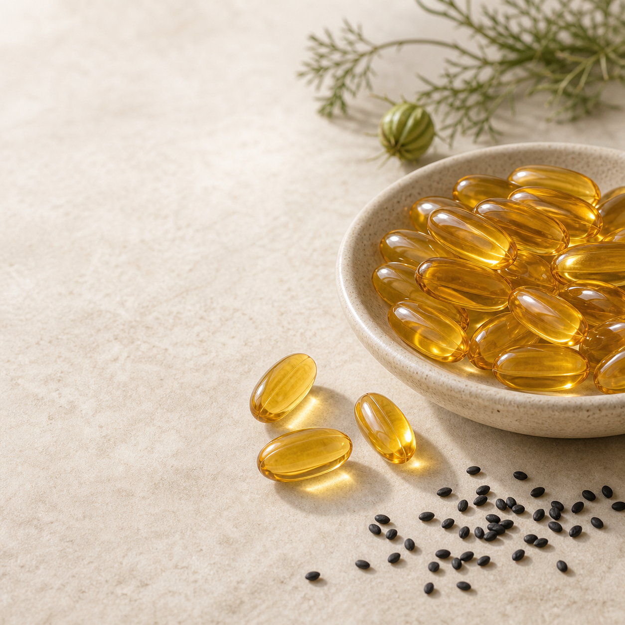 BioNatal black seed oil softgels with capsules and black seeds