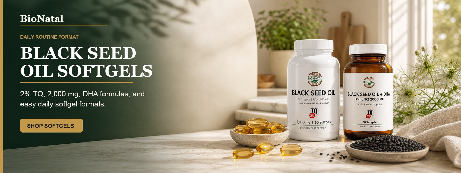 BioNatal 2% TQ and 5% TQ plus DHA softgel bottles with black seed oil capsules